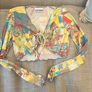Ganni Yellow and Blue Crop Blouse with Tie Front
